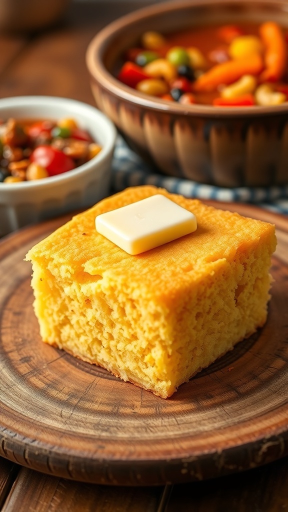 A slice of golden cornbread with butter on a wooden plate, alongside a bowl of chili.